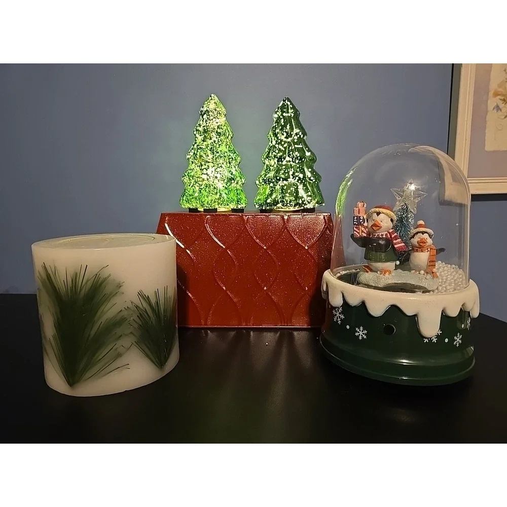 Assorted Christmas Candle Tabletop Decor Snow Globe‎ Lighted Green Trees, Basket